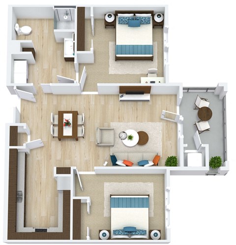 Floor plan for 2 beds, 1 bath, 955 sqft